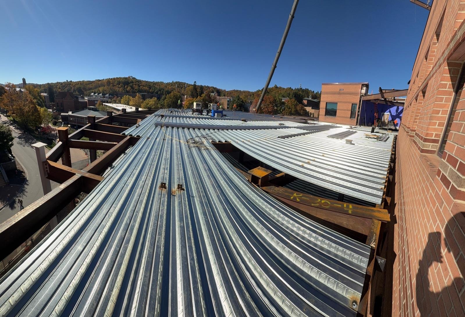 Aerial view of metal roof deck installation — A&W Welding NC
